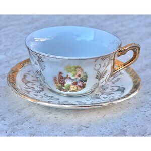 Bavarian Demitasse Teacup & Saucer Gold Trim With Romantic Scene VTG Porcelain